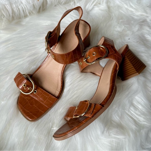 Topshop Dolly Block Heel Sandal Brown Crocodile Pattern - Picture 2 of 7